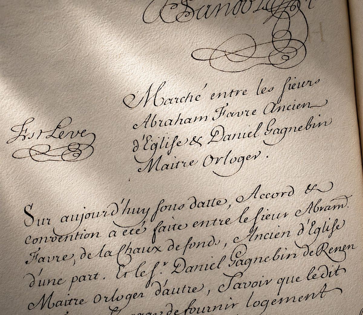 Marché de 1723 entre Abraham Favre et Daniel Gagnebin, maître horloger — manuscrit d'époque